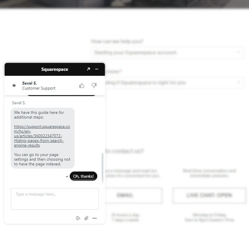 Squarespace - live chat support request