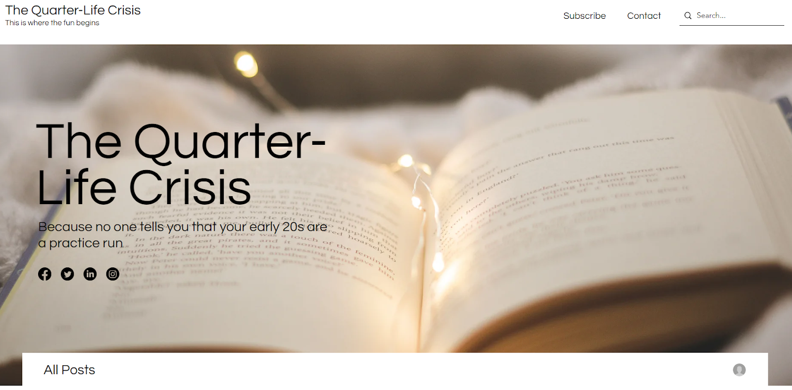 A screenshot of a blog called "The Quarter-Life Crisis" built using Wix