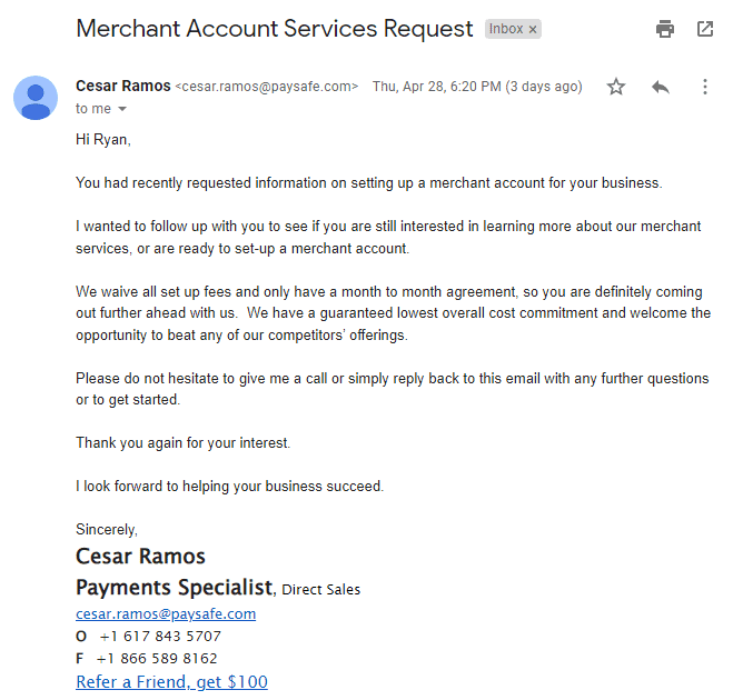 Screenshot of email from with Creditcardprocessing.com support