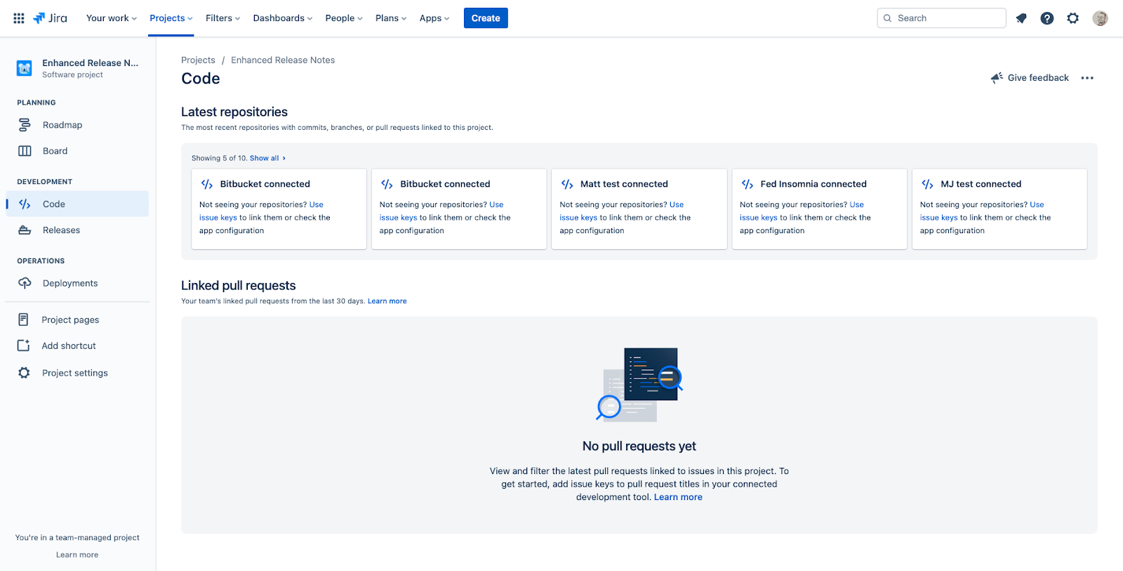 The Code section of a Jira project showing a Bitbucket integration