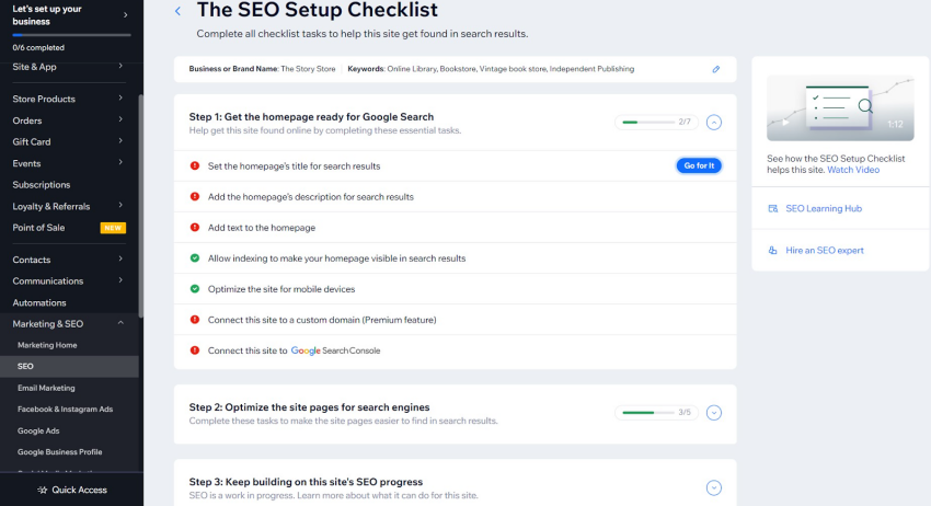A screenshot of Wix's SEO Setup Checklist